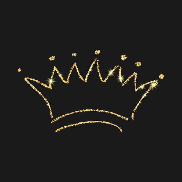 Couronne dessinée à la main de paillettes d'or Simple croquis de graffiti reine ou couronne de roi couronnement royal impérial et symbole monarque isolé sur fond sombre Illustration vectorielle