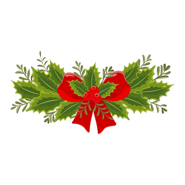 Couronne de fête décorée avec du ruban rouge, du pin, du rowan et de la cannelle, typographie de Noël, affiche, illustration vectorielle