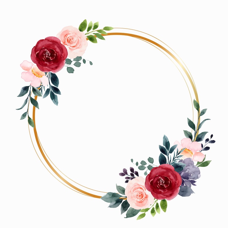 Vecteur couronne de fleur rose rose rouge aquarelle avec cercle d'or