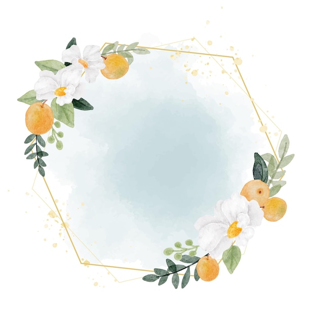 Couronne de fleurs blanches à l'aquarelle et de fruits orange avec cadre géométrique doré