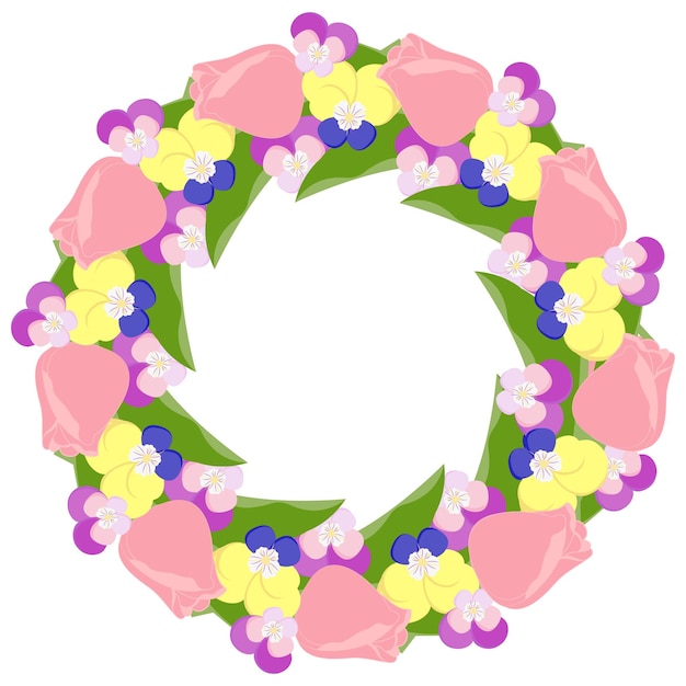 Vecteur une couronne de fleurs ronde avec des fleurs roses, jaunes et violettes.