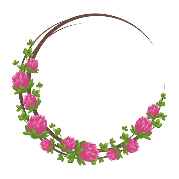 Couronne De Fleurs De Trèfle Rose Cadre Rond Jolie Plante Lumineuse Avec Des Feuilles De Trèfle Décorations Festives Pour L'affiche Et La Conception De Cartes Postales De Vacances De Mariage Illustration Vectorielle à Plat