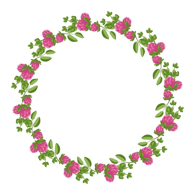 Couronne De Fleurs De Trèfle Rose Cadre Rond Jolie Plante Lumineuse Avec Des Feuilles De Trèfle Décorations Festives Pour L'affiche Et La Conception De Cartes Postales De Vacances De Mariage Illustration Vectorielle à Plat