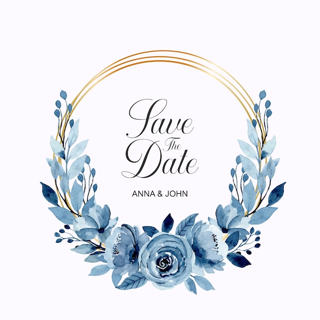 Couronne Florale Aquarelle Bleue Avec Cadre Doré