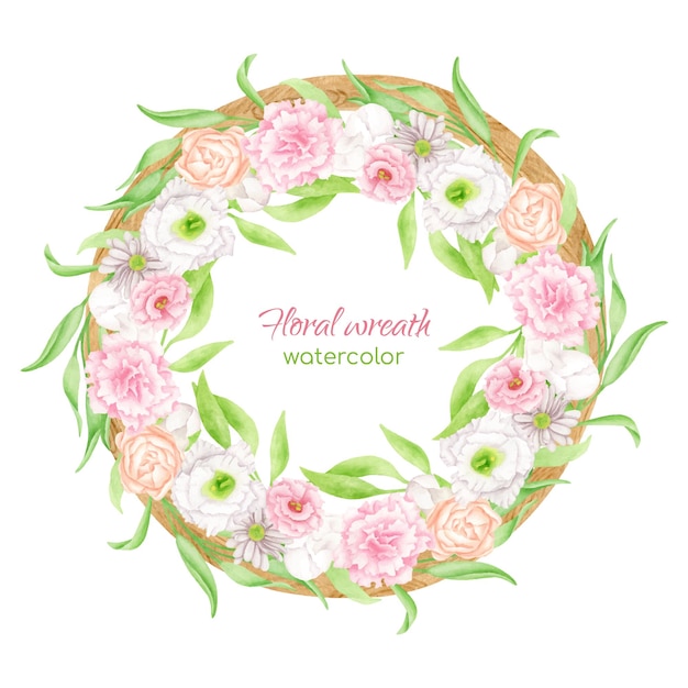 Couronne Florale Aquarelle Avec Cadre En Bois Rond. Blush Fleurs Et Verdure