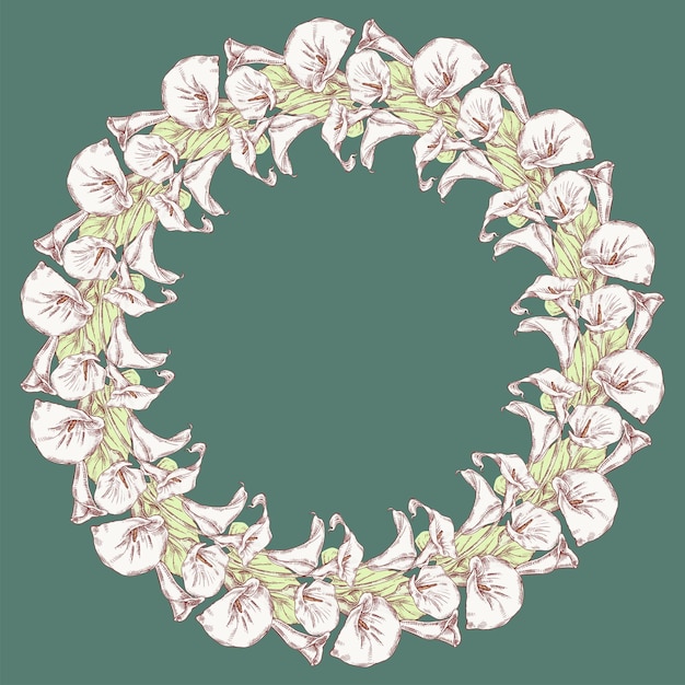 Couronne florale décorative de lys calla blancs dessinés