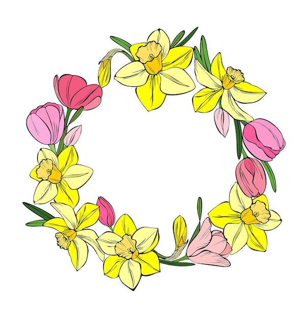 Vecteur couronne florale encadrée de tulipes et de jonquilles jonquilles jaunes et tulipes roses pour pâques