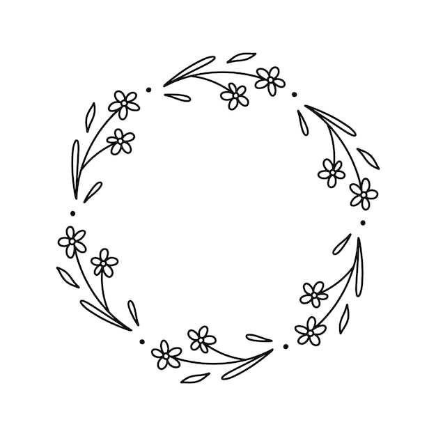 Couronne florale isolée sur fond blanc Cadre rond avec style doodle fleurs