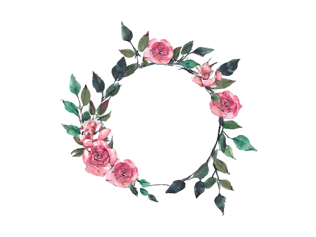 Couronne Florale Avec Des Roses Aquarelles Et De La Verdure