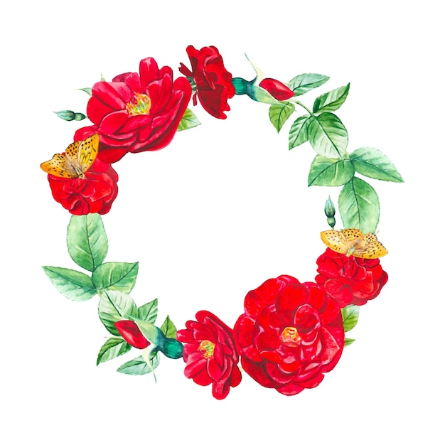 Couronne florale avec roses de jardin rouges et aquarelle de feuilles