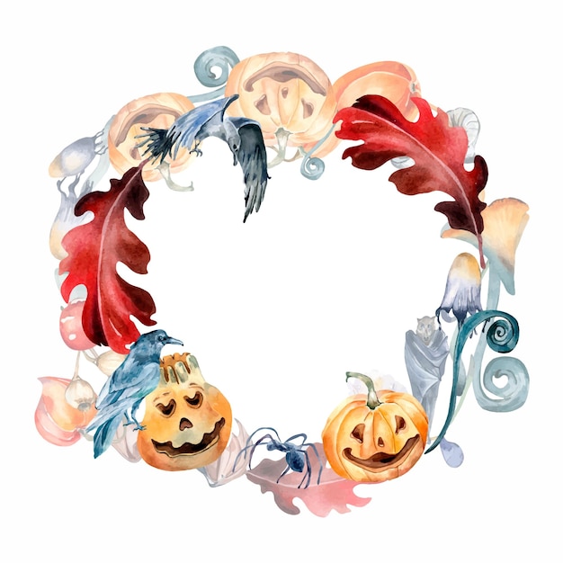 Couronne d'Halloween avec illustration aquarelle de citrouilles colorées isolée sur blanc