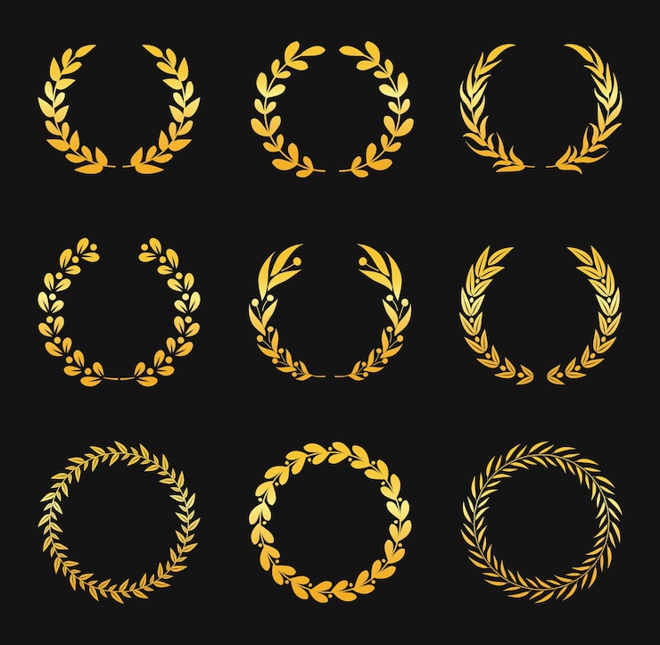 Vecteur couronne de laurier doré branche de blé et d'olivier pour la victoire prix du festival du film réussite d'honneur pour le champion emblème antique pour la gloire logo noble avec ensemble de vecteurs de feuillage