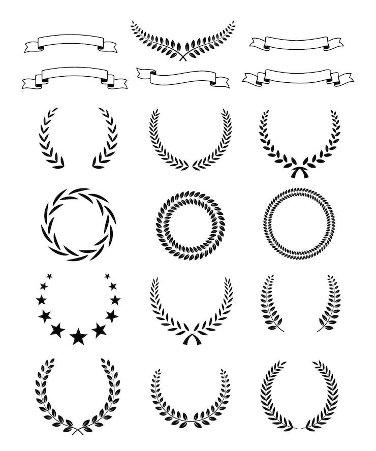 Vecteur couronne de laurier noir avec espace de texte mis en insigne premium symbole de victoire traditionnel sur fond blanc