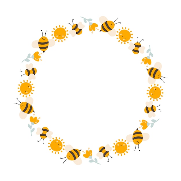 Couronne de miel pour enfants mignons avec soleil, fleur et abeille dans un style scandinave vectoriel à cadre plat.