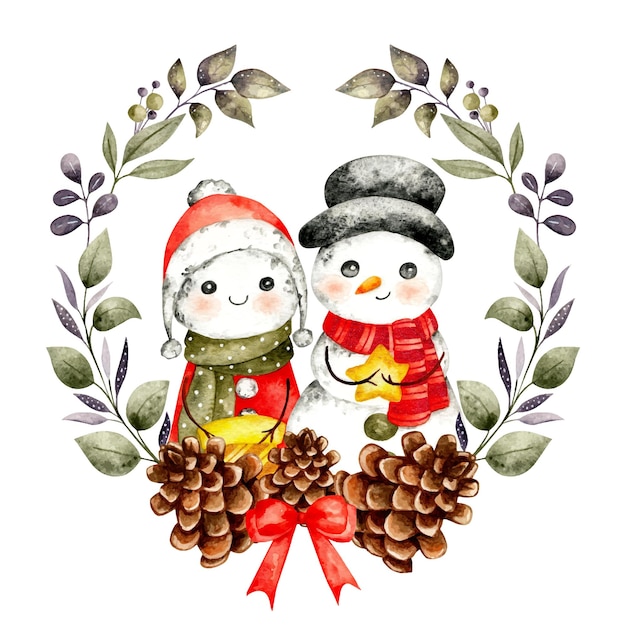 Couronne De Noël Aquarelle Avec Bonhomme De Neige En Couple