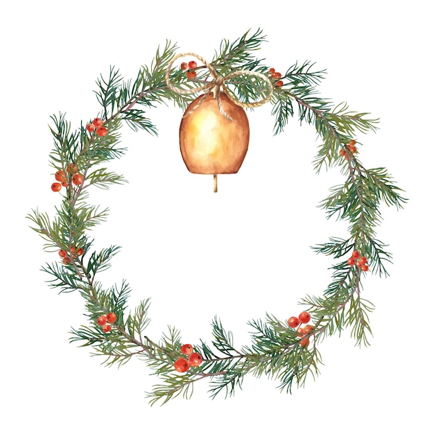 Couronne De Noël Aquarelle De Branches D'épinette Et Cloche D'or