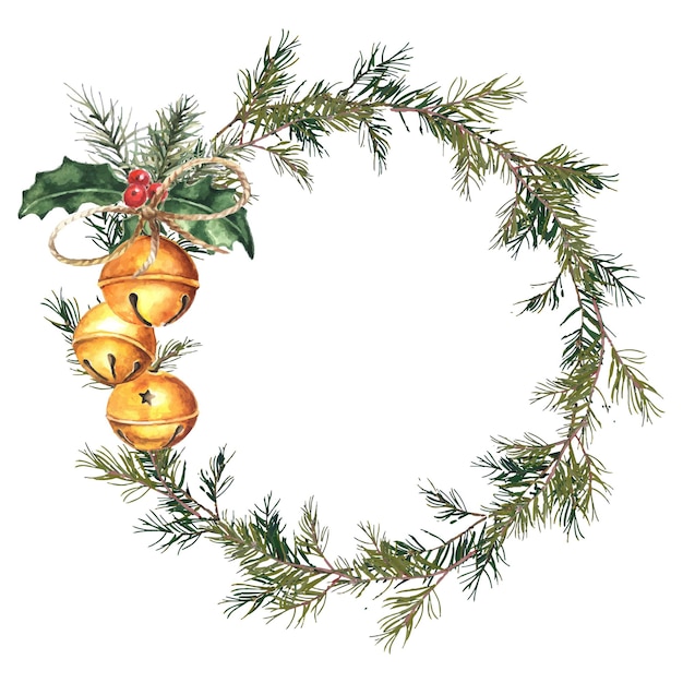 Couronne de Noël à l'aquarelle avec des branches de sapin et des grelots dorés