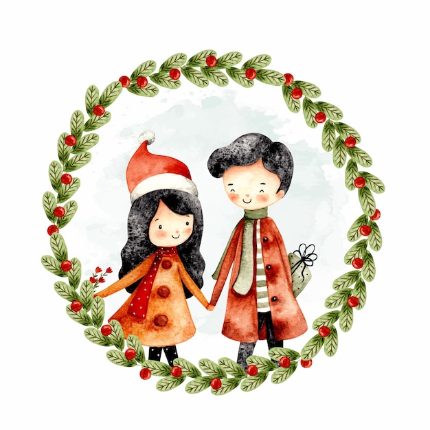 Couronne De Noël Aquarelle Avec Couple