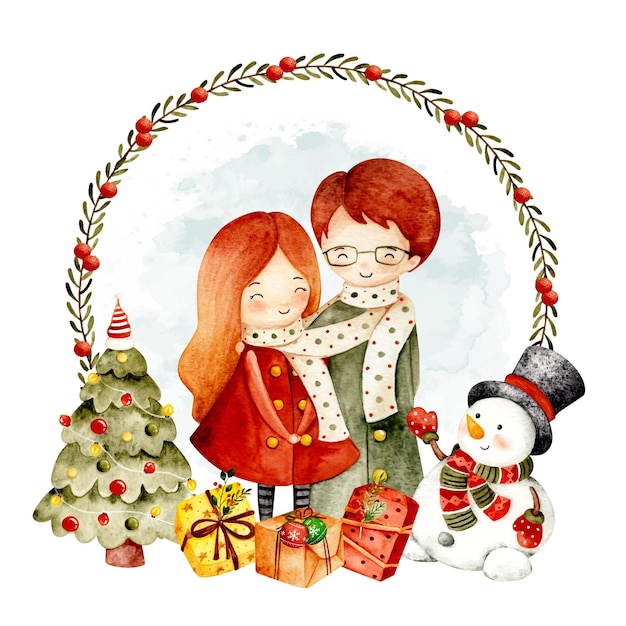 Couronne de Noël aquarelle avec couple