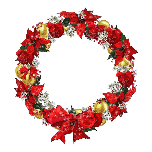 Vecteur couronne de noël avec boules dorées et rouges, poinsettia.