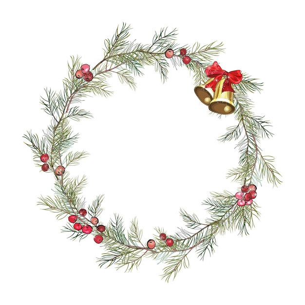 Couronne De Noël Avec Des Branches D'arbres De Noël, Des Baies, Des Cloches D'or.