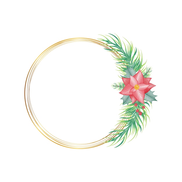 Couronne De Noël Dorée Avec Fleur De Poinsettia Aquarelle Sur Fond Blanc