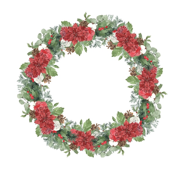 Couronne de Noël festive à l'aquarelle avec houx et eucalyptus