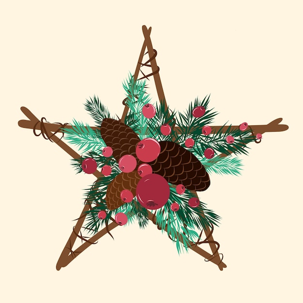 Vecteur couronne de noël en forme d'étoile avec des cônes de pin et des baies vectorielles