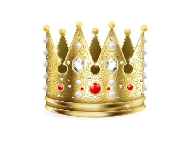 Couronne d'or Couronne royale 3D Coiffe réaliste ornée de rubis, de diamants et de perles scintillants Couvre-chef de couronnement isolé pour les rois Symbole vectoriel de la monarchie et de la royauté