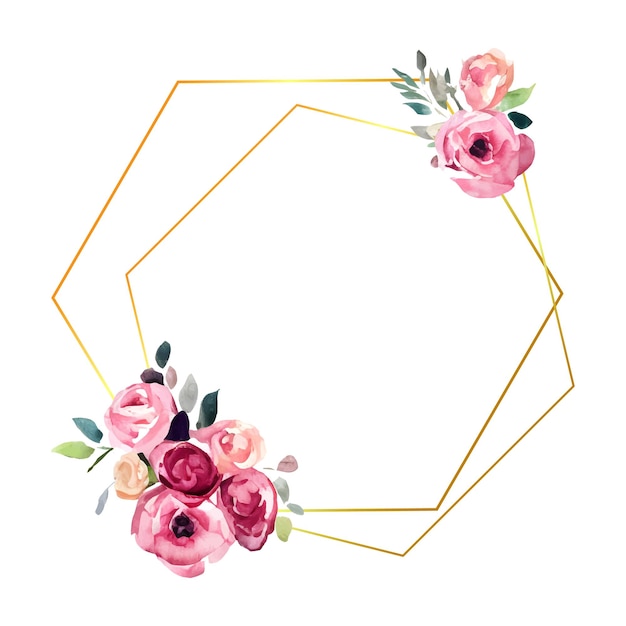 Vecteur couronne d'or avec des fleurs de roses bouquet aquarelle dessiné à la main avec place pour votre conception de texte pour l'invitation de carte arrangement floral avec cadre de cercle géométrique doré illustration vectoriel