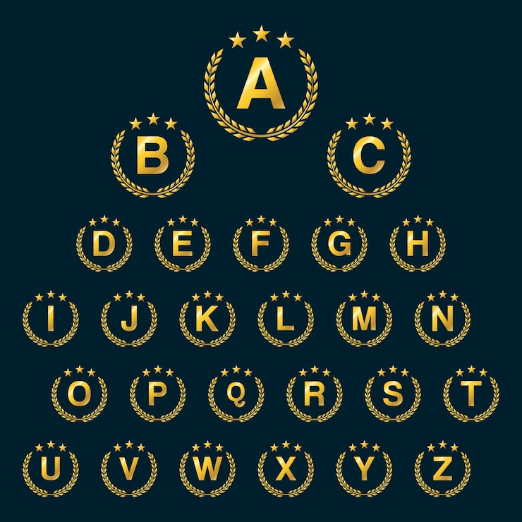 Vecteur couronne d'or laurel. icône du logo guirlande de laurier avec des lettres de l'alphabet majuscule. éléments du modèle de conception - lettre a à z.