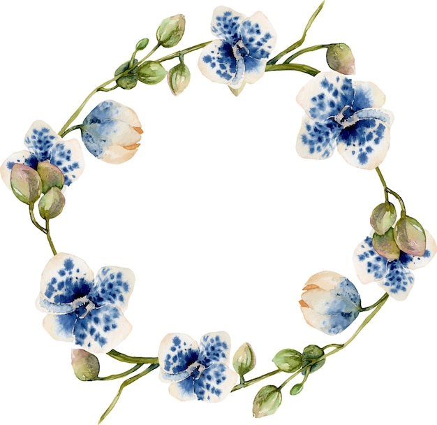 Couronne d&#39;orchidées à pois bleu aquarelle