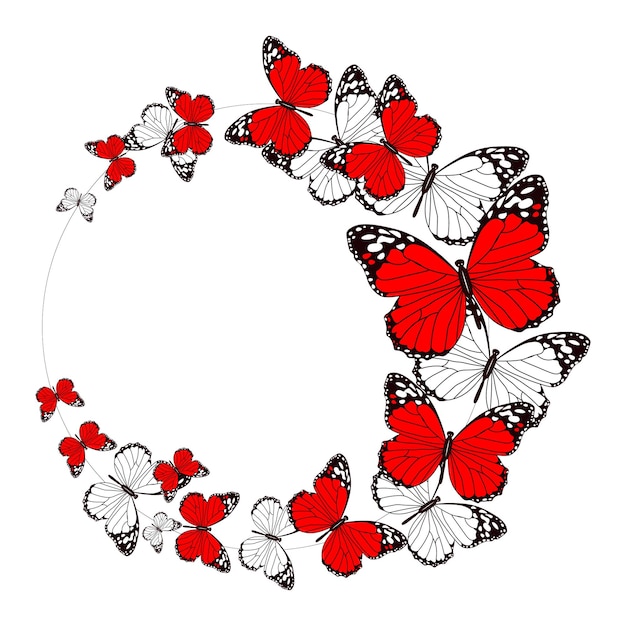 Vecteur une couronne de papillons volants peints en blanc et rouge faire-part de mariage