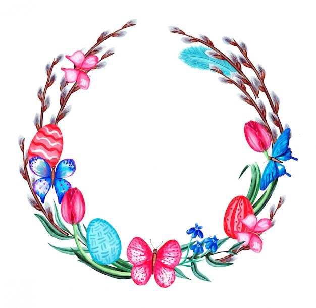 Couronne de Pâques au printemps aquarelle avec fleurs, saule, papillon, plumes et oeufs. Isolé sur fond blanc.