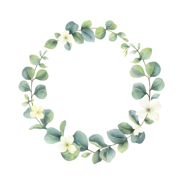 Couronne peinte à la main à l'aquarelle avec des feuilles et des fleurs d'eucalyptus vert