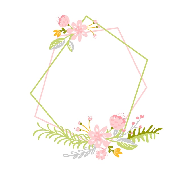 Couronne de printemps géométrique avec fleur Herbe plate abstract vector garden frame Journée de la femme