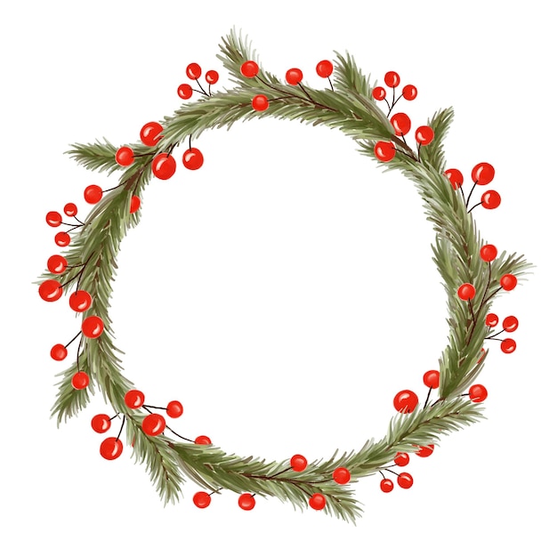 Une couronne de sapin de Noël avec des baies rouges, un cadre en cercle de pin, une aquarelle, un chapelet d'année nouvelle.