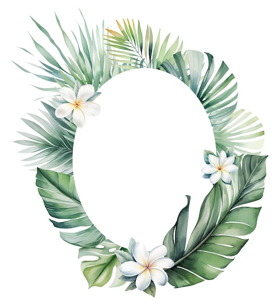 Couronne tropicale en aquarelle avec des fleurs blanches et des feuilles de palmier vertes illustration isolée