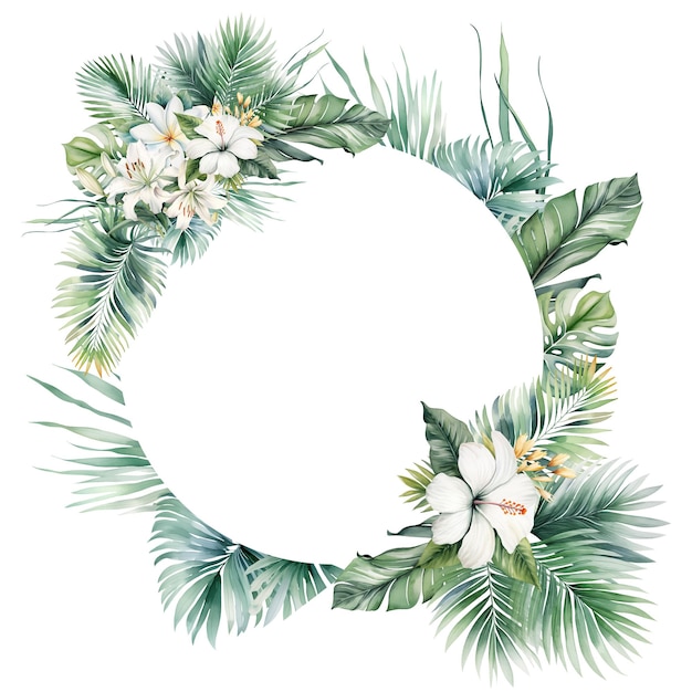 Couronne tropicale en aquarelle avec des fleurs blanches et des feuilles de palmier vertes illustration isolée