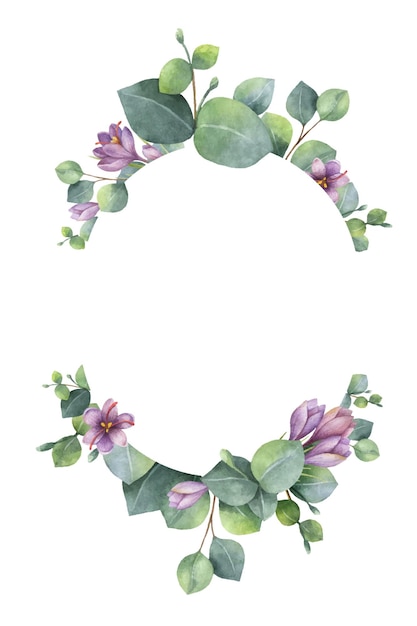 Couronne de vecteur aquarelle avec feuilles d'eucalyptus vert fleurs et branches violettes