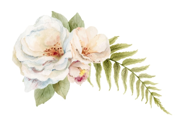 Couronne de vecteur aquarelle avec fleurs neutres et feuilles de fougère Arrangement pour cartes de voeux invitations de mariage et décorations Illustration peinte à la main