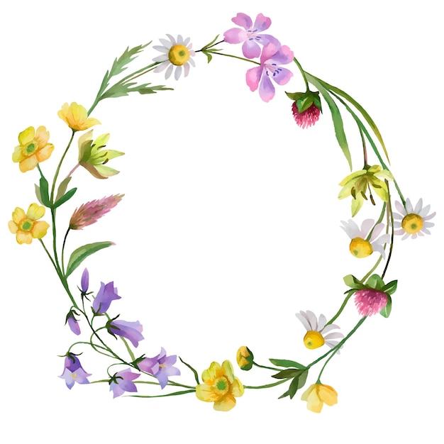 Couronne de vecteur avec des fleurs des champs dessinés à la main illustration florale isolé sur fond blanc