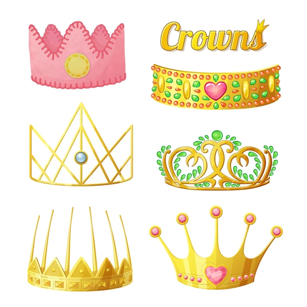 Vecteur couronnes dorées avec des gemmes colorées isolées sur fond blanc collection d'icônes vectorielles de diadèmes féminins dorés pour les princesses