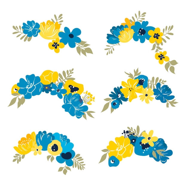 Couronnes de fleurs cadre bleu jaune illustration vectorielle plane isolée