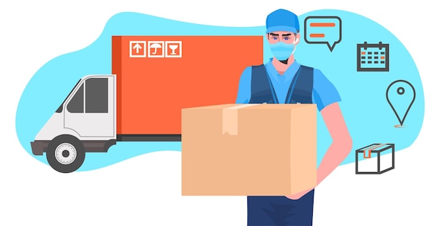 Vecteur courrier de l'homme en masque tenant une boîte en carton vente vendredi noir service de livraison express concept portrait illustration vectorielle horizontale