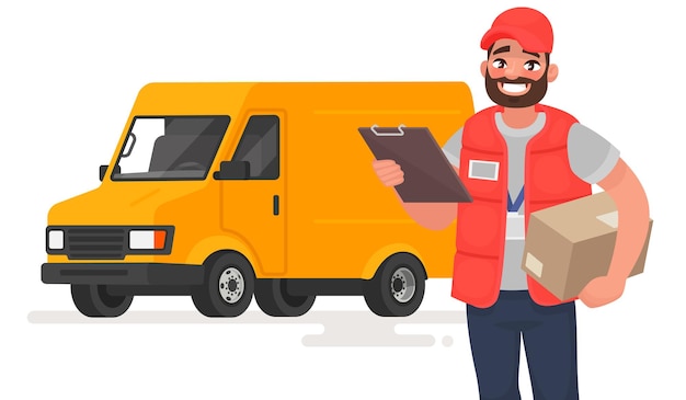 Vecteur courrier homme souriant avec colis sur le d'un camion. en style cartoon