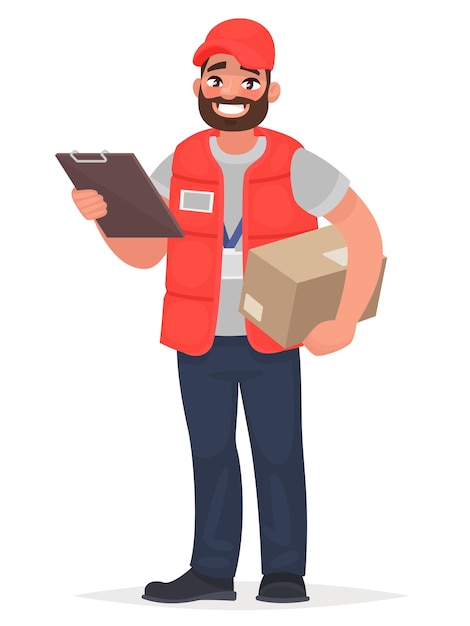 Courrier Homme Souriant Avec Un Colis. En Style Cartoon