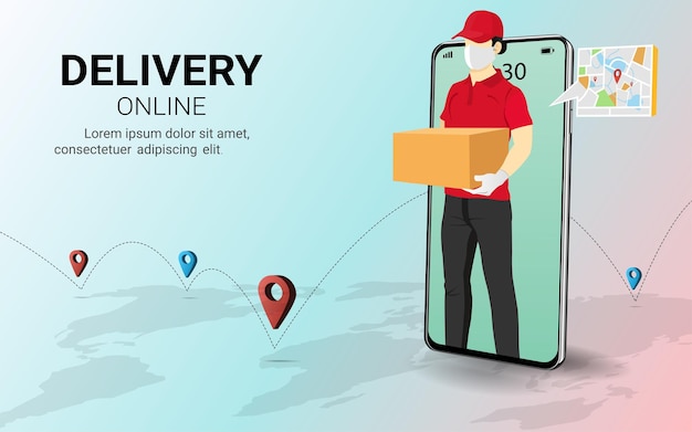 Courrier de livraison homme tenant une boîte à colis sur téléphone mobile Service de livraison en ligne rapide commande en ligne Internet ecommerce Concept pour site Web ou bannière Perspective 3D Illustration vectorielle