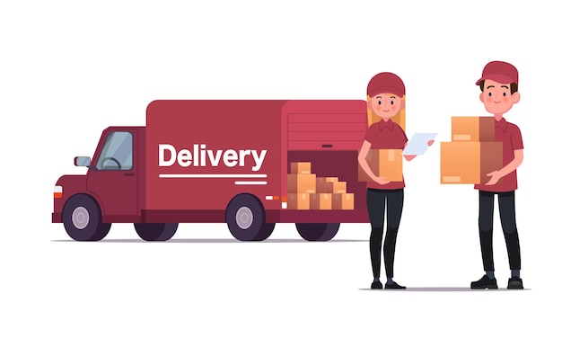 Vecteur courrier de livraison transportant des colis avec illustration de camion de livraison