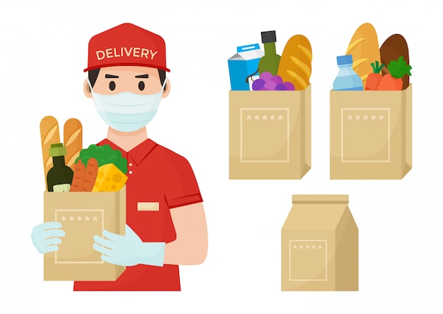 Vecteur courrier en masque médical et gants avec sac d'épicerie plein dans les mains